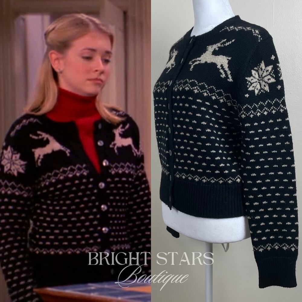 Rare Reindeer Cardigan ASO Sabrina The Teenage Witch Black Cream Vintage Holiday - Picture 3 of 11